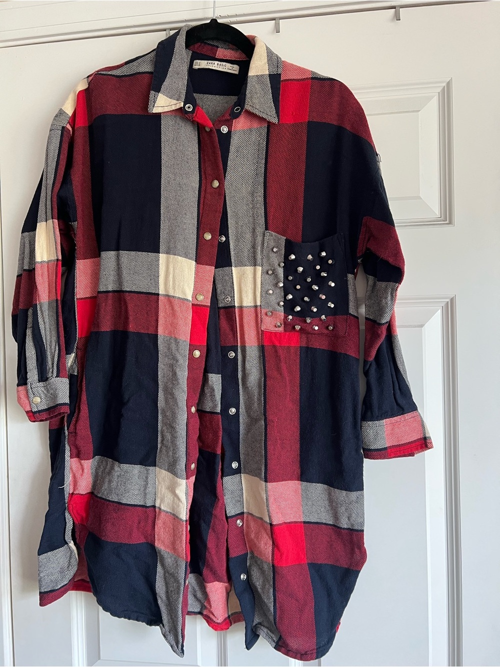 Zara Red Navy Gray Plaid Longline Studded Pocket Shirt Dress
